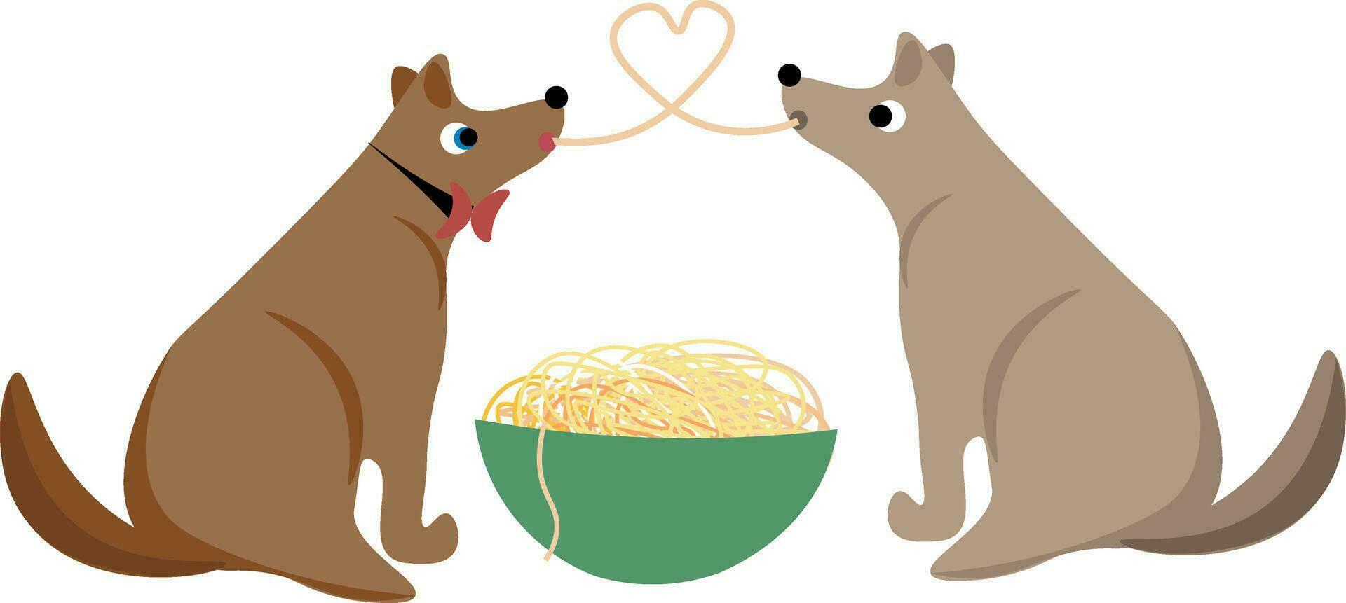 twee honden sharing spaghetti net zo ze eten van de dezelfde reusachtig kom vector of kleur illustratie