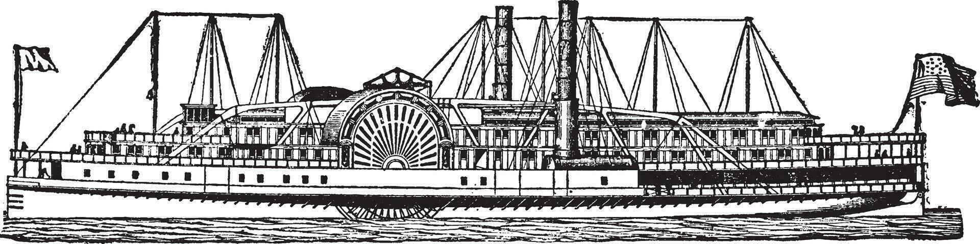 Amerikaans rivier- stoomboot, wijnoogst illustratie. vector