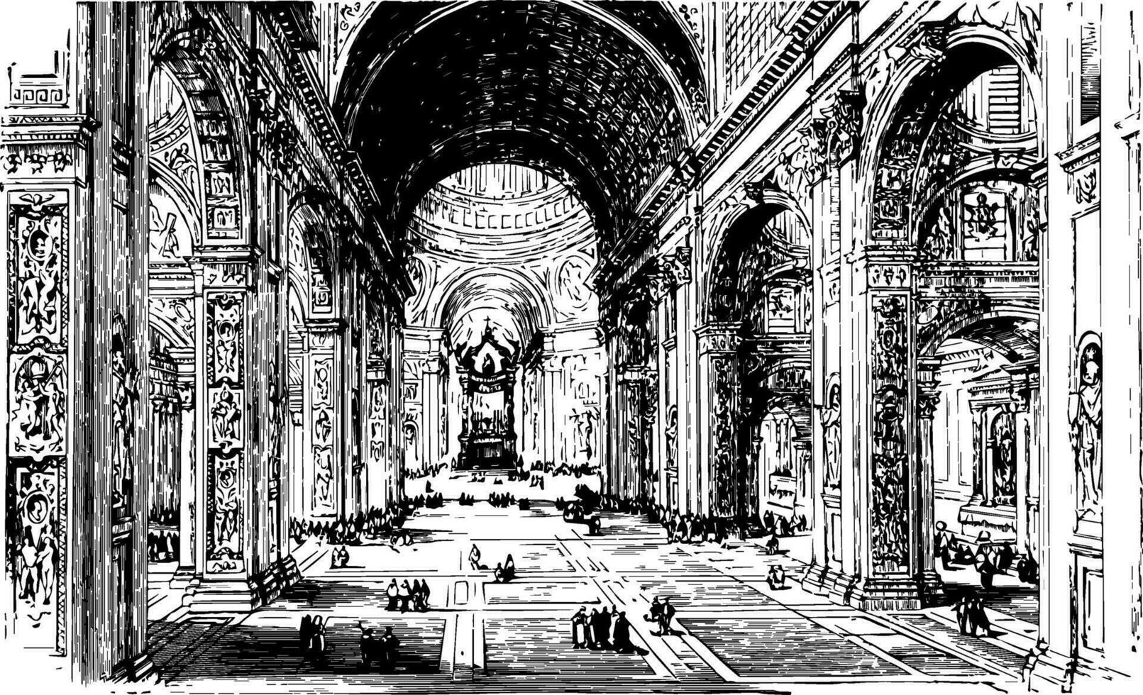 interieur van st. peter basiliek gelegen in de Vaticaan stad van Rome wijnoogst gravure. vector