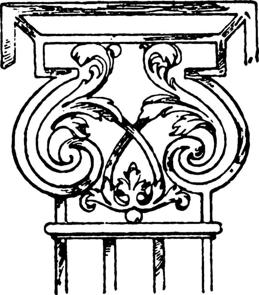 smeedijzer pilaster hoofdstad, smeedijzer, wijnoogst gravure. vector