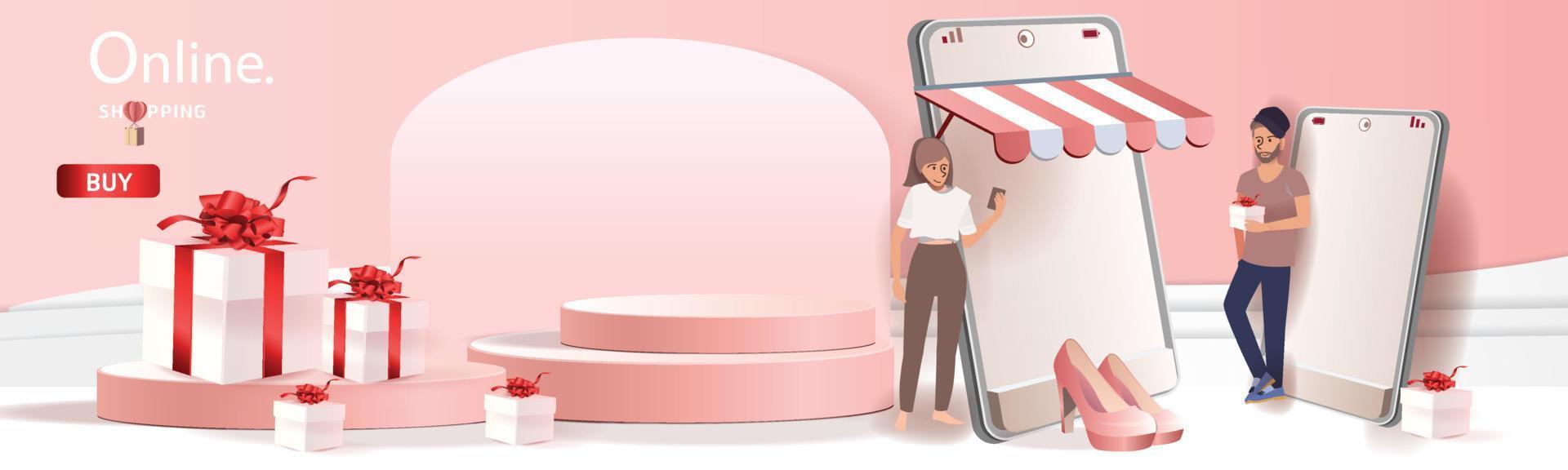 online winkelen op telefoon met podium papier kunst moderne roze achtergrond geschenken vak illustratie vector. vector