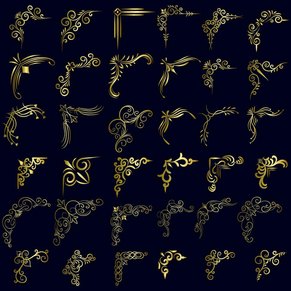 goud vector illustratie van decoratief hoek kader set. hand- trek van hoek kader verschillend vorm gouden hoek kaders wijnoogst kader decoratie, goud bloemen ornamenten.