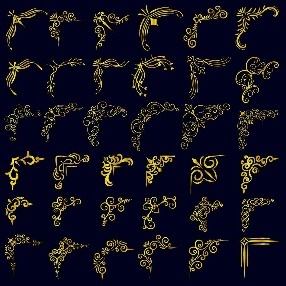 goud vector illustratie van decoratief hoek kader set. hand- trek van hoek kader verschillend vorm gouden hoek kaders wijnoogst kader decoratie, goud bloemen ornamenten.