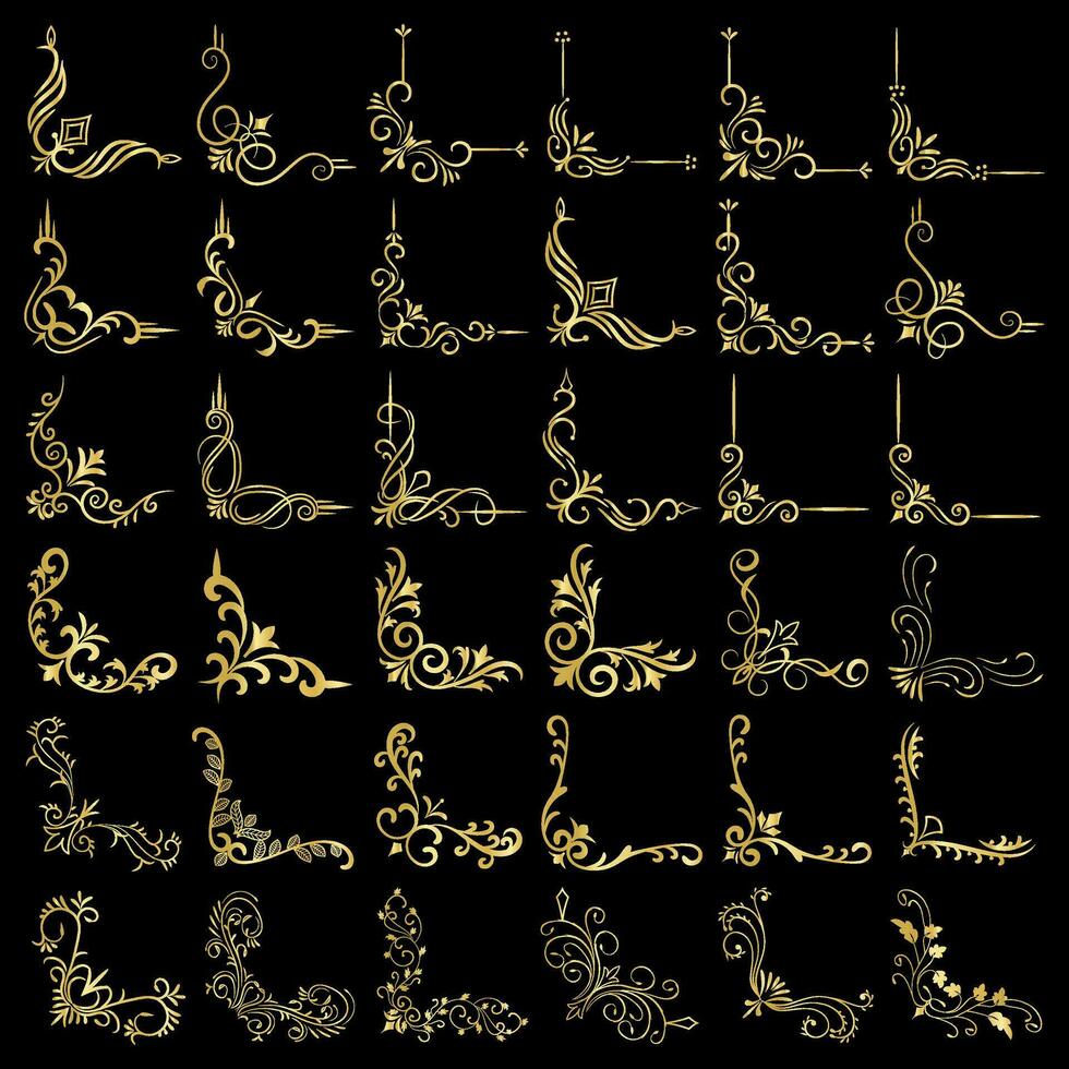 goud vector illustratie van decoratief hoek kader set. hand- trek van hoek kader verschillend vorm gouden hoek kaders wijnoogst kader decoratie, goud bloemen ornamenten.