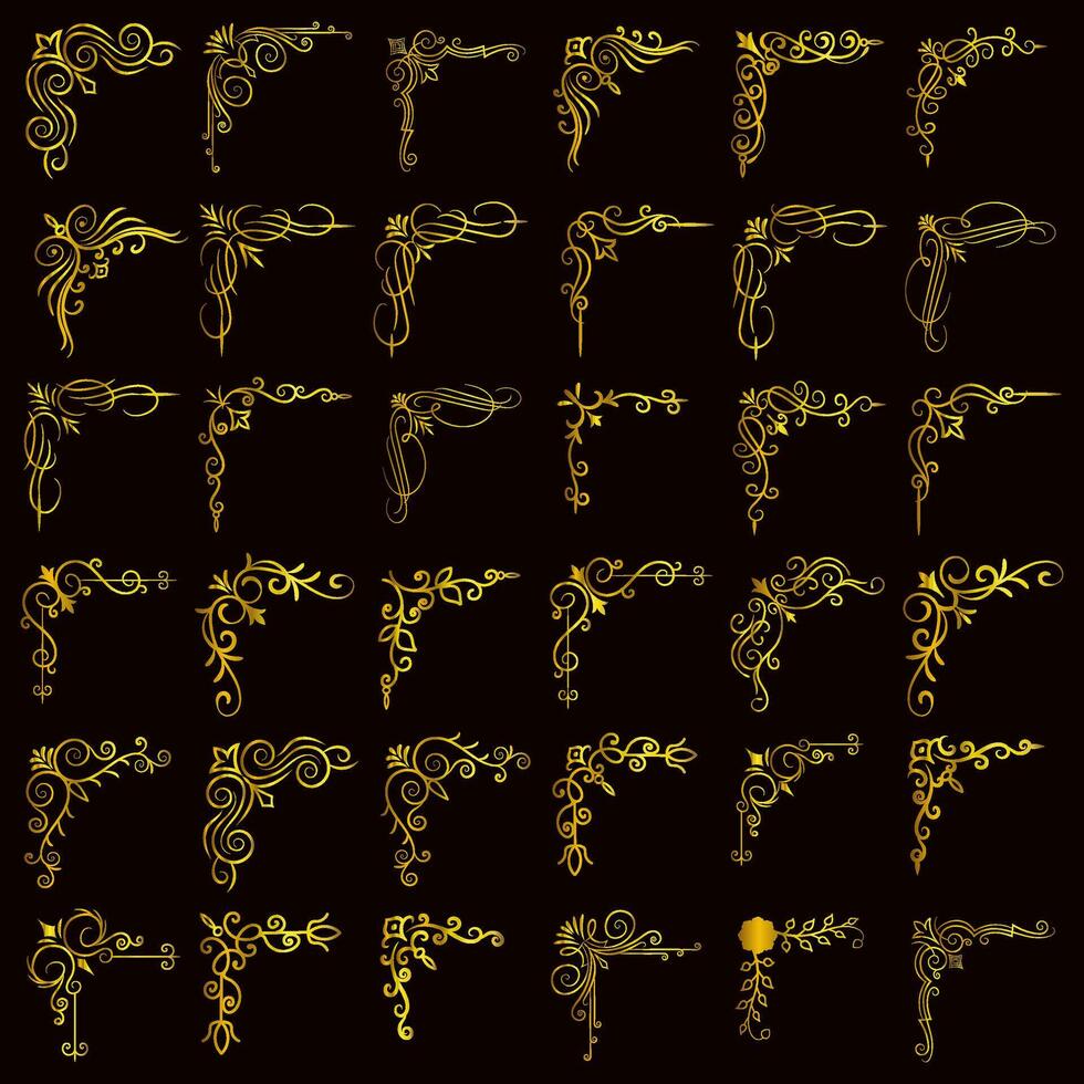 goud vector illustratie van decoratief hoek kader set. hand- trek van hoek kader verschillend vorm gouden hoek kaders wijnoogst kader decoratie, goud bloemen ornamenten.