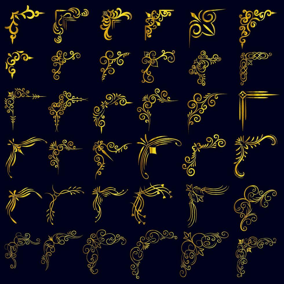 goud vector illustratie van decoratief hoek kader set. hand- trek van hoek kader verschillend vorm gouden hoek kaders wijnoogst kader decoratie, goud bloemen ornamenten.