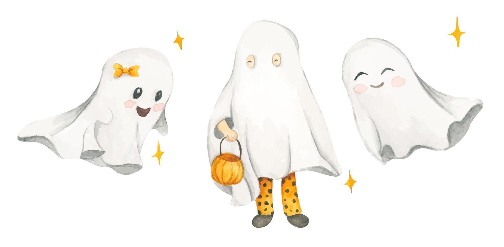 aquarel set met schattige geesten. Halloween outfits. vector