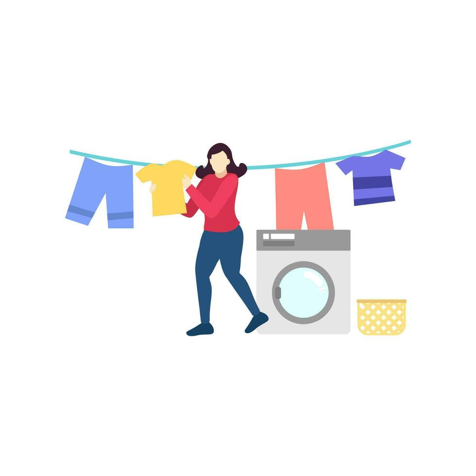 vrouw wasserij wassen kleding mensen karakter vlak ontwerp vector illustratie