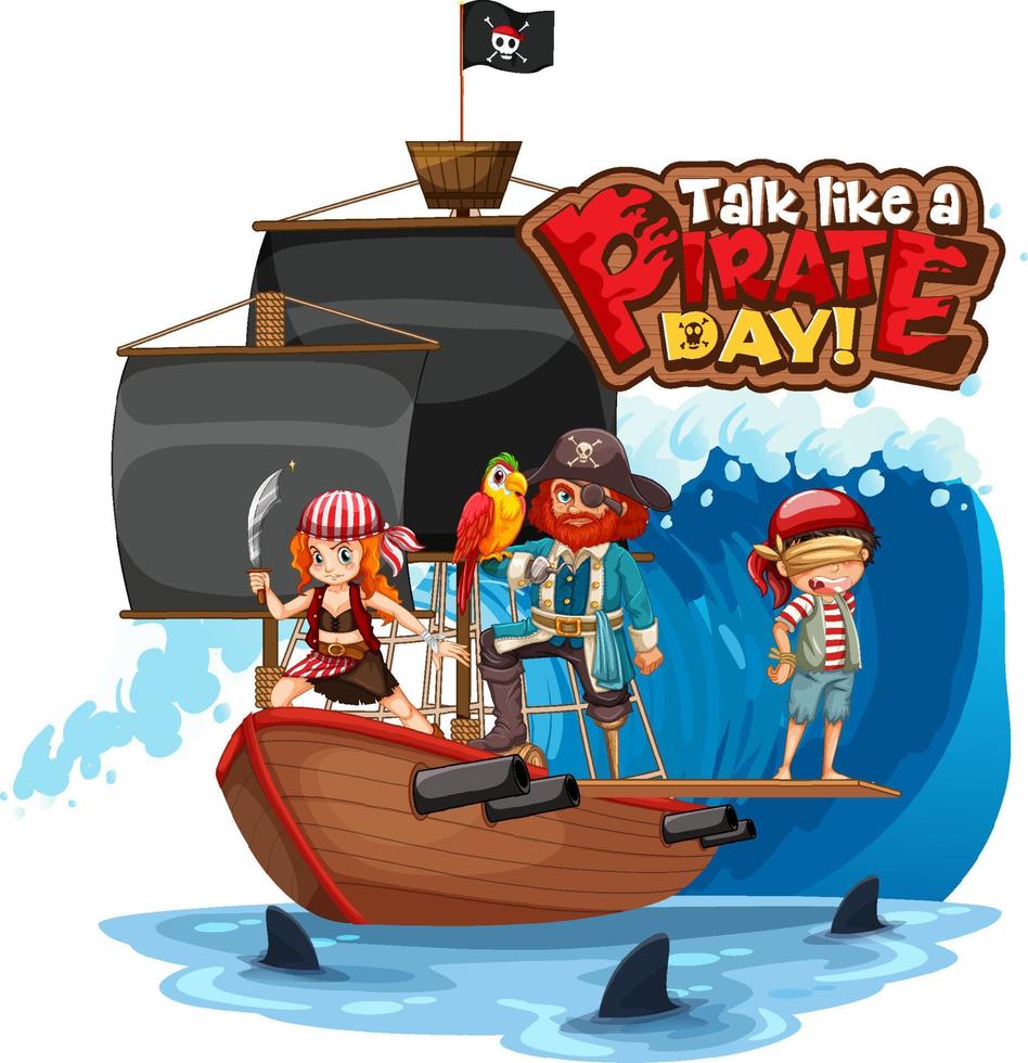 praat als een piratendag lettertype banner met piraten stripfiguur vector