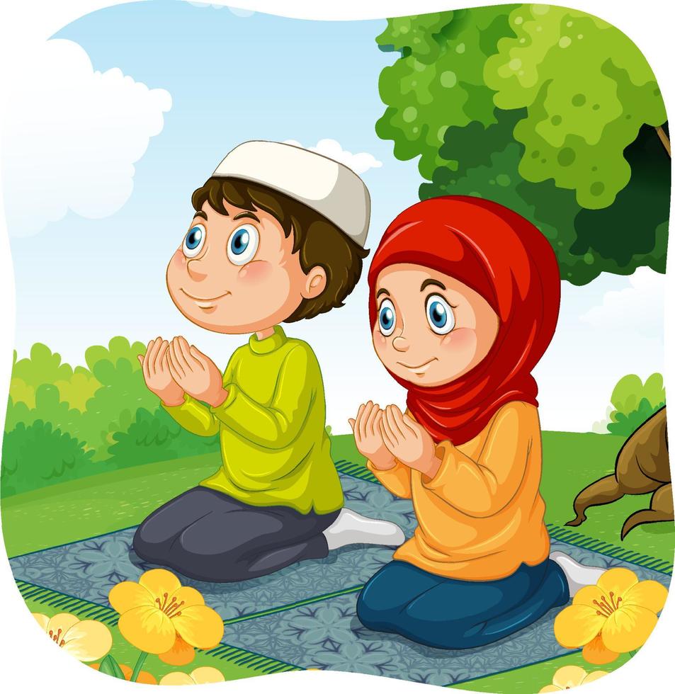 moslim zus en broer in biddende positie stripfiguur vector