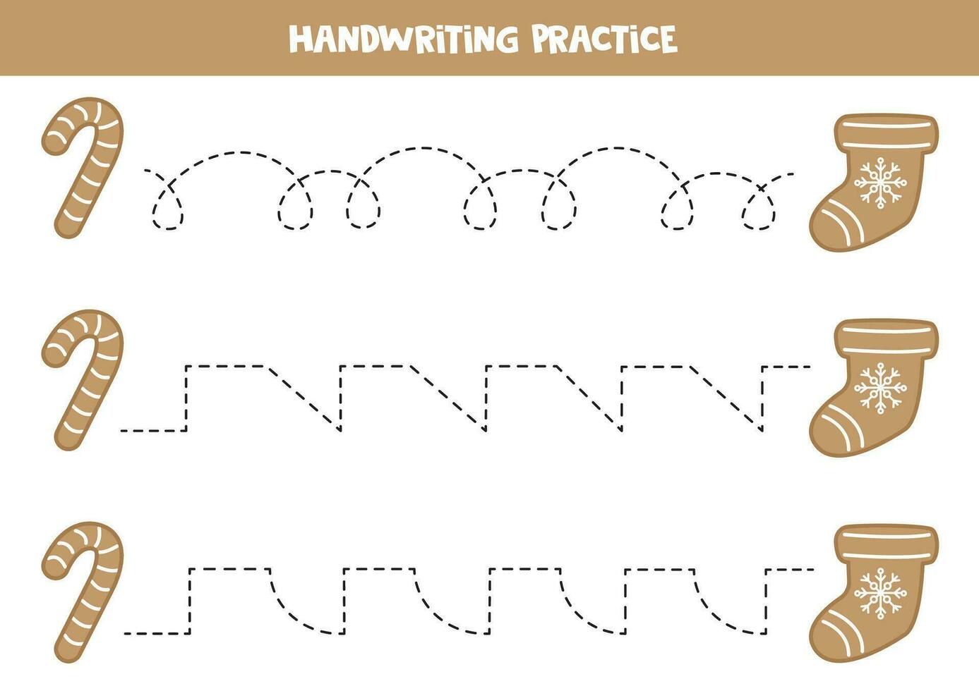 traceren lijnen voor kinderen. schattig tekenfilm peperkoek snoep riet en kous. handschrift oefening. vector