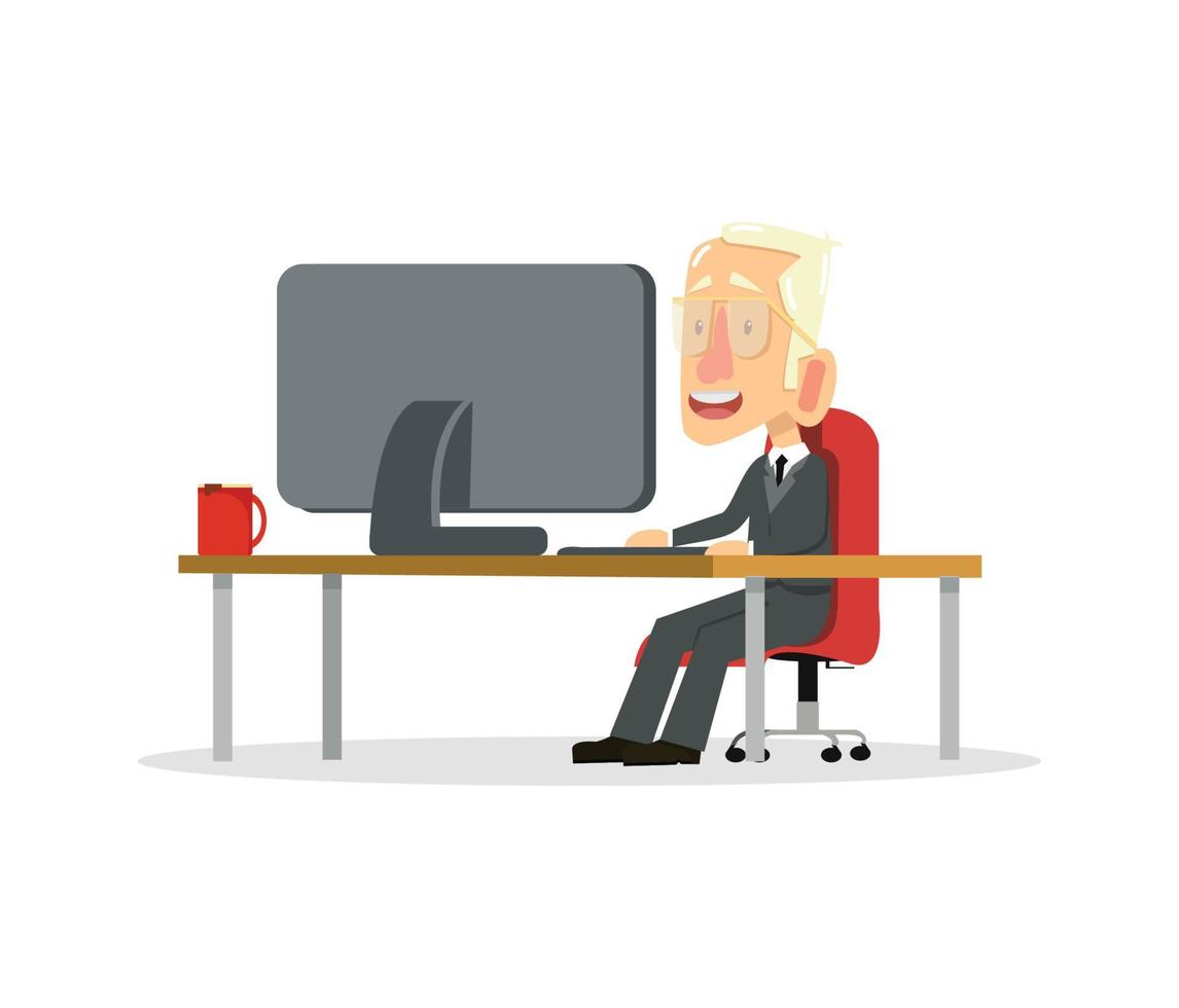 zakenman die op kantoor achter haar bureau werkt met desktopcomputer en koffie vector