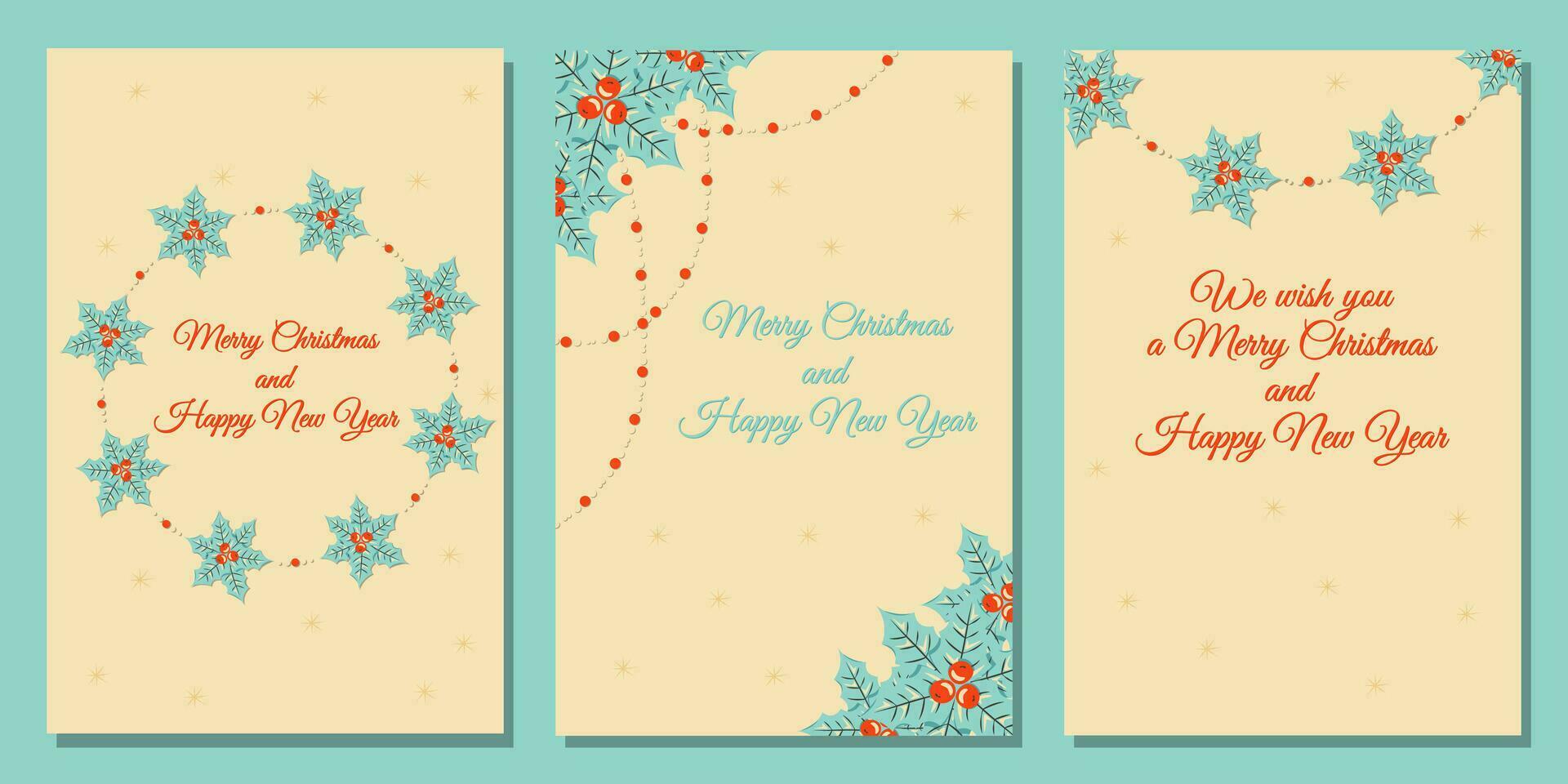 reeks van vrolijk Kerstmis en gelukkig nieuw jaar posters en groet kaarten in retro stijl met wens vector