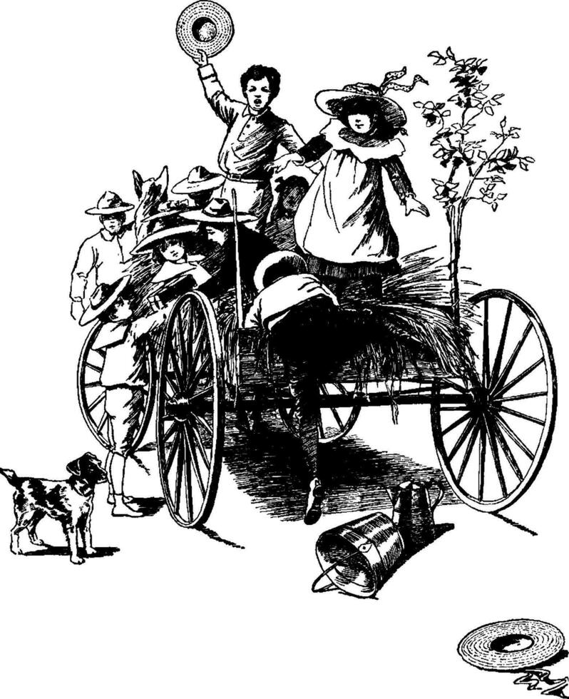 kinderen Aan een hooi rijden, wijnoogst illustratie. vector
