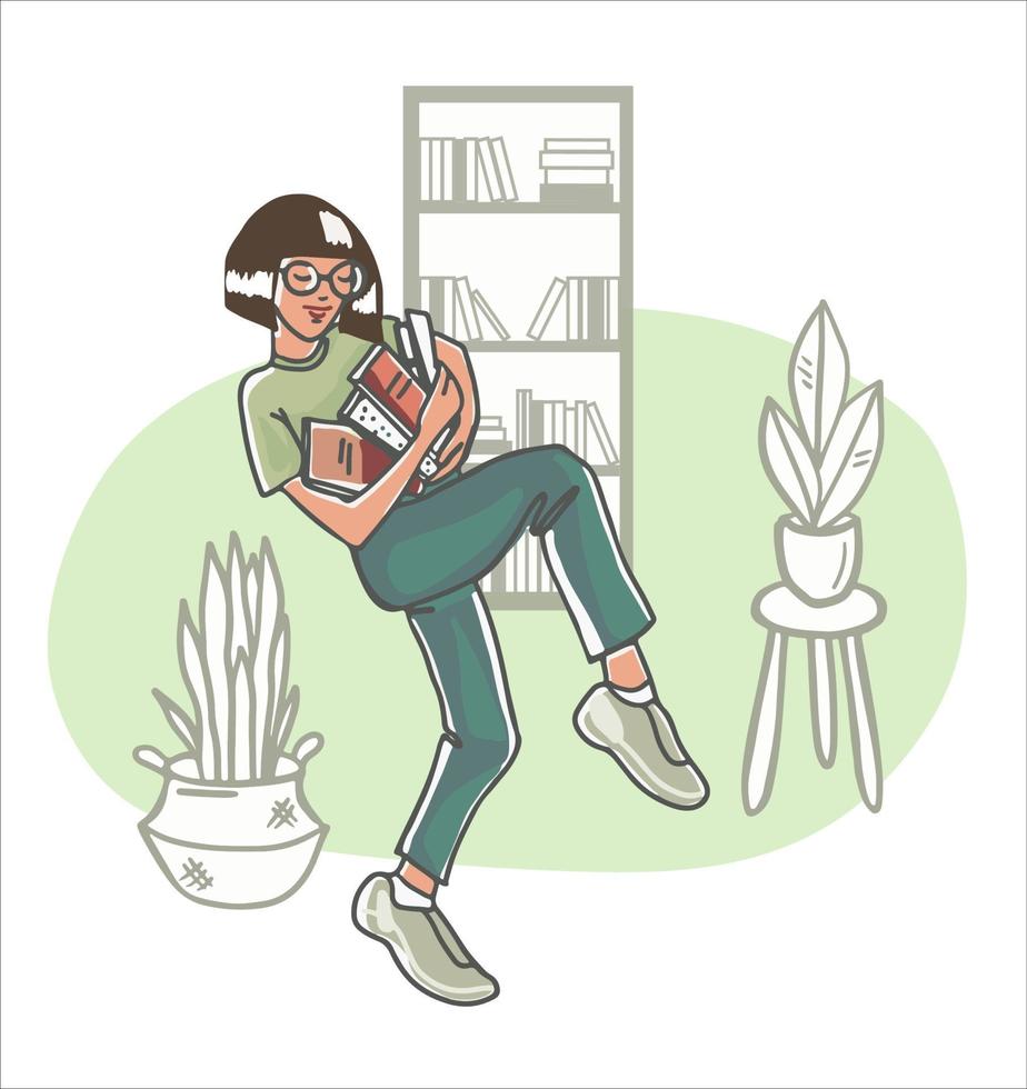nerdy vrouwelijk personage met een stapel boeken met een boekenplank op de achtergrond. hand getekende vectorillustratie vector