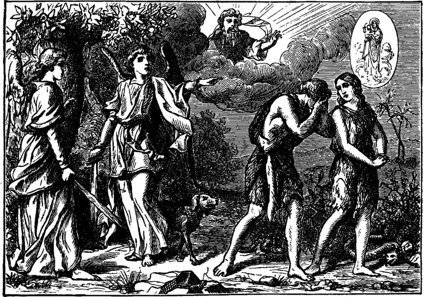 Adam en vooravond zijn gestraft en gips uit van de tuin van Eden wijnoogst illustratie. vector