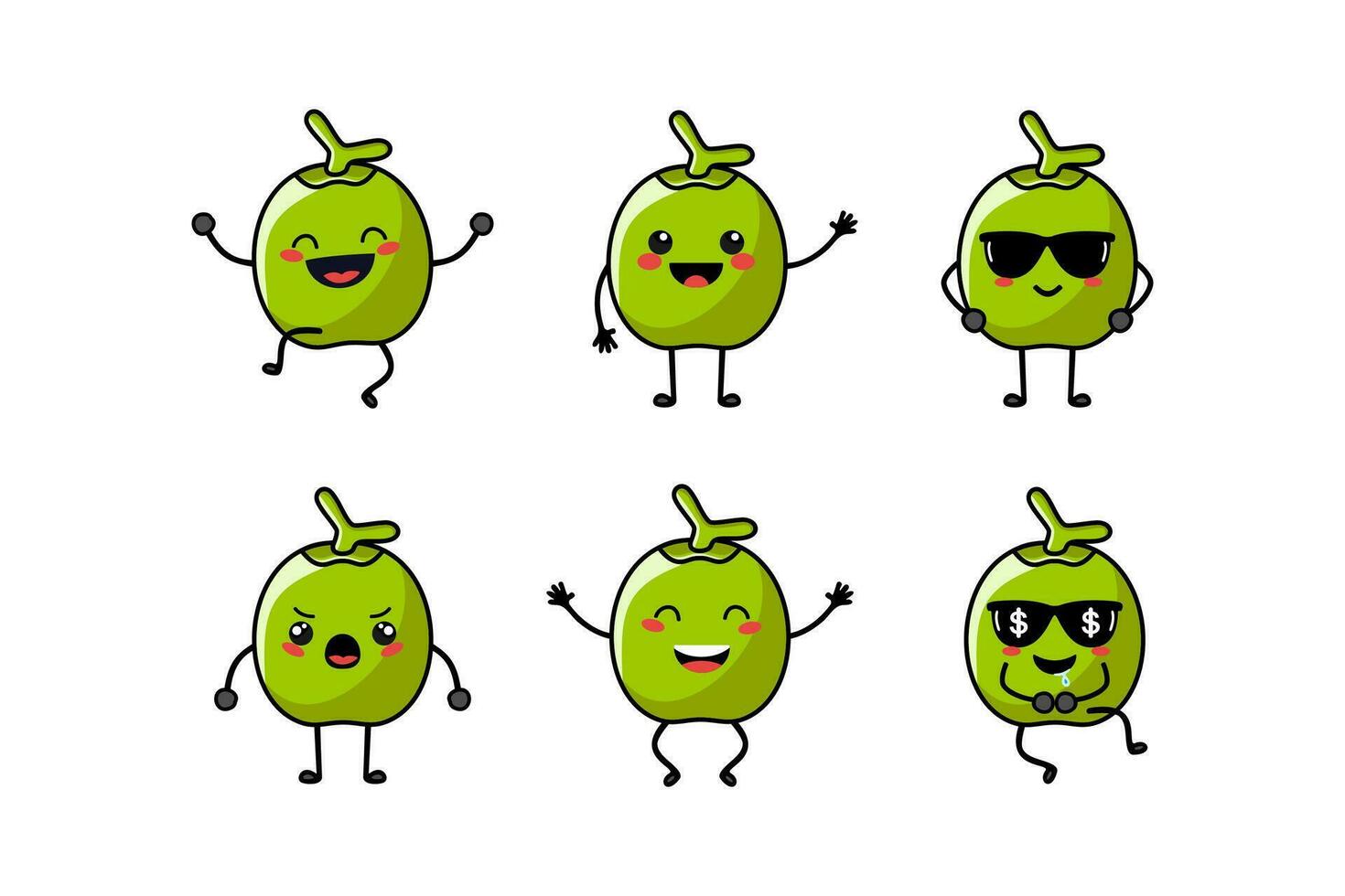 reeks kokosnoot drinken mascotte vector illustratie emoji uitdrukkingen sjabloon