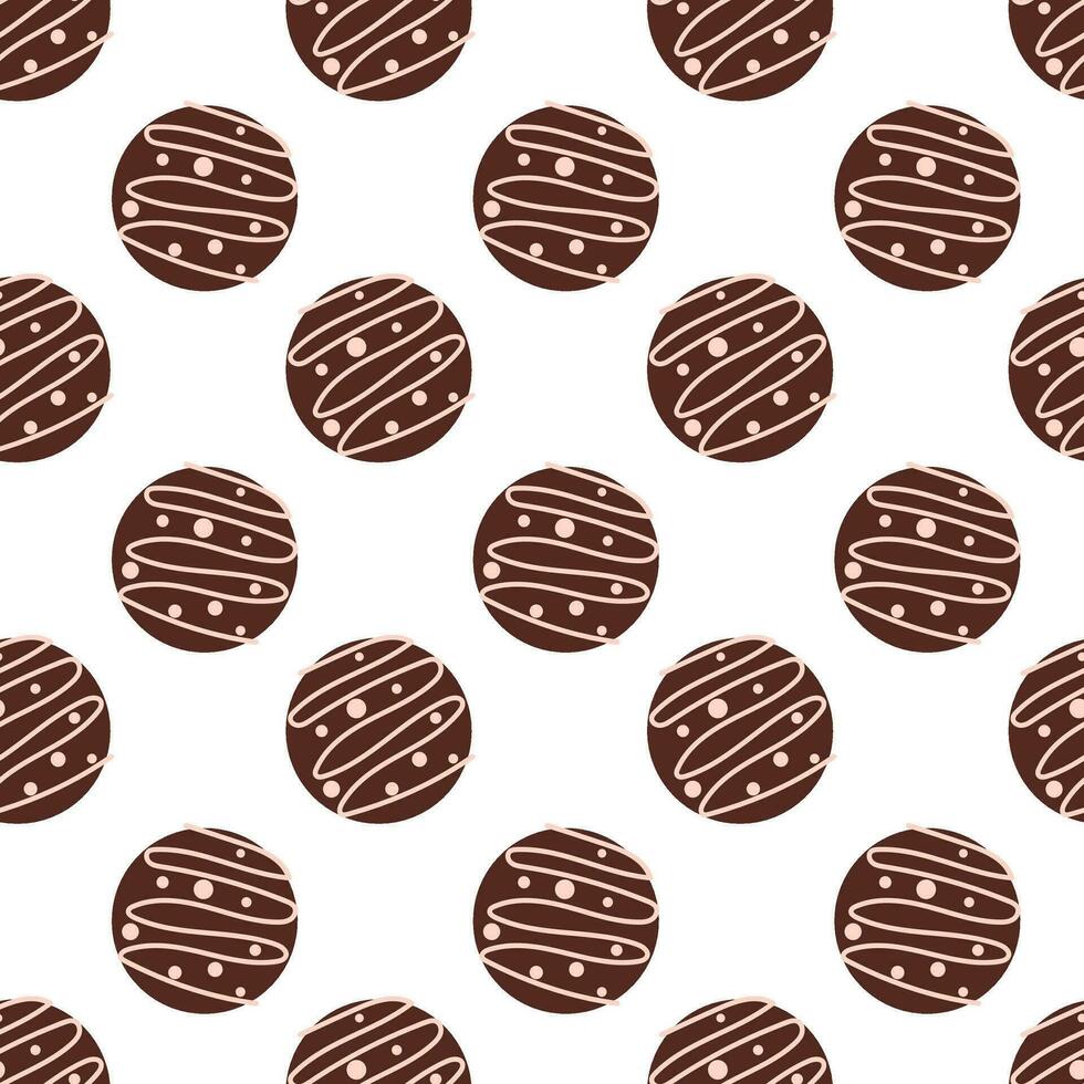 naadloos patroon met chocolaatjes snoepjes in het formulier cirkel met roze glazuur. zoet voedsel achtergrond. vector vlak illustratie.