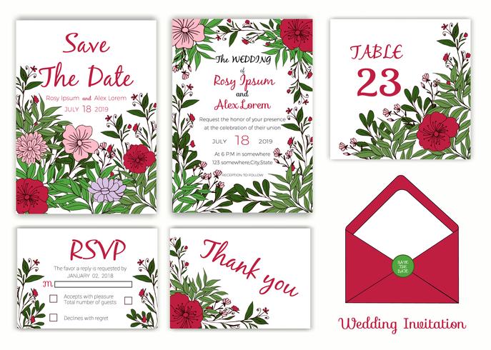 Huwelijksuitnodiging, sparen de datum, RSVP-kaart, Bedankkaart, tabelnummer vector