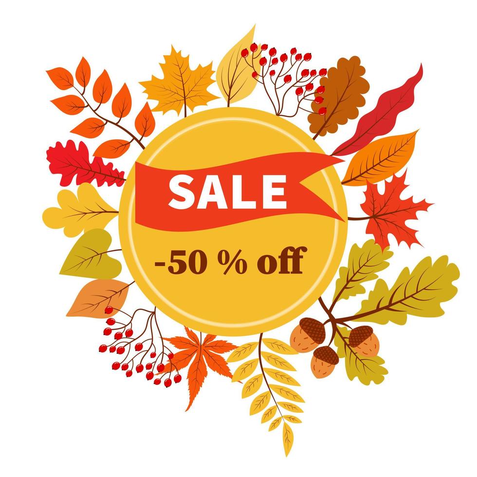 herfst verkoop 50 procent korting vector banner met gebladerte.