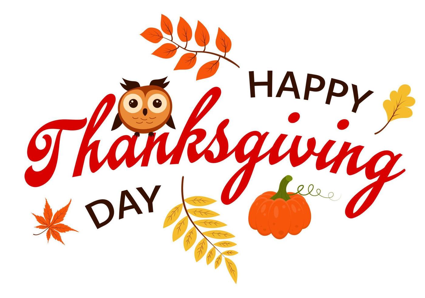 happy thanksgiving day met uil, pompoen en herfstbladeren. vector