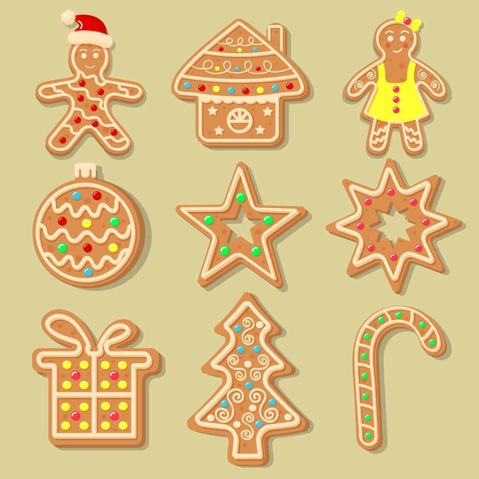 kerstkoekjes in de vorm van kerstbal, kerstboom, snoep, ster, huis, sneeuwvlok, cadeau en peperkoekmannetjes. vector