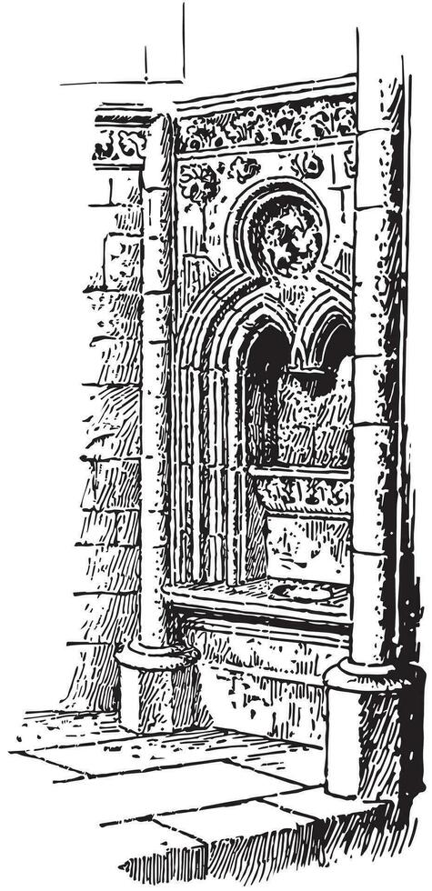 fenestella in de kerk van Norrey, wijnoogst gravure. vector