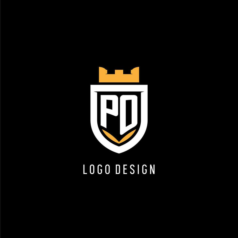 eerste po logo met schild, esport gaming logo monogram stijl vector