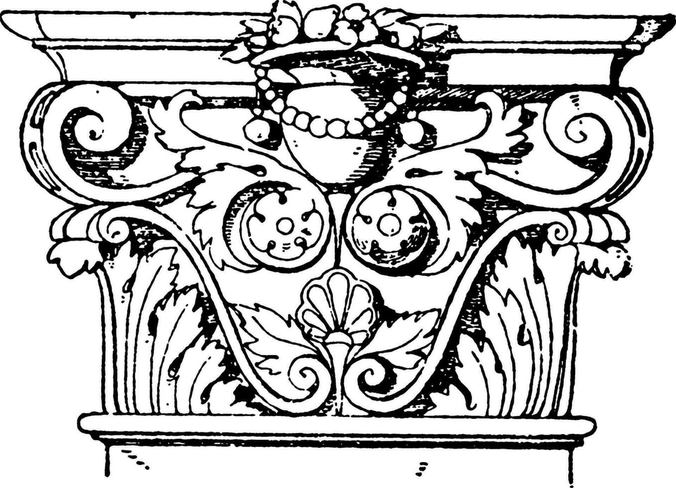 Corinthian pilaster hoofdstad, colosseum, wijnoogst gravure. vector