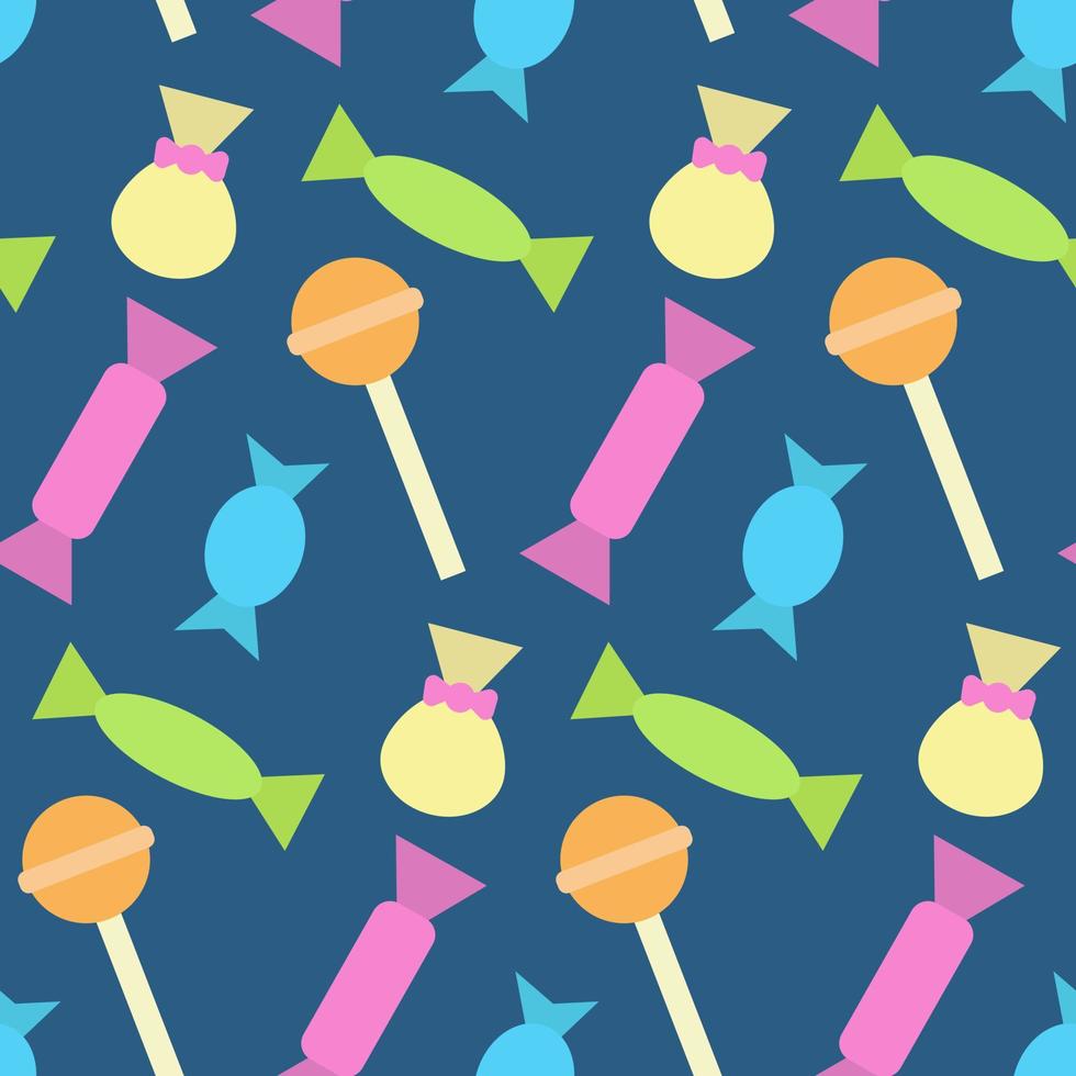 kleurrijk naadloos patroon met verschillende snoepjes en lollies. print voor textiel, stof, behang, kaarten, cadeaupapier en kleding. eindeloos ontwerp. doodle stijl illustratie. zoet en smakelijk thema vector