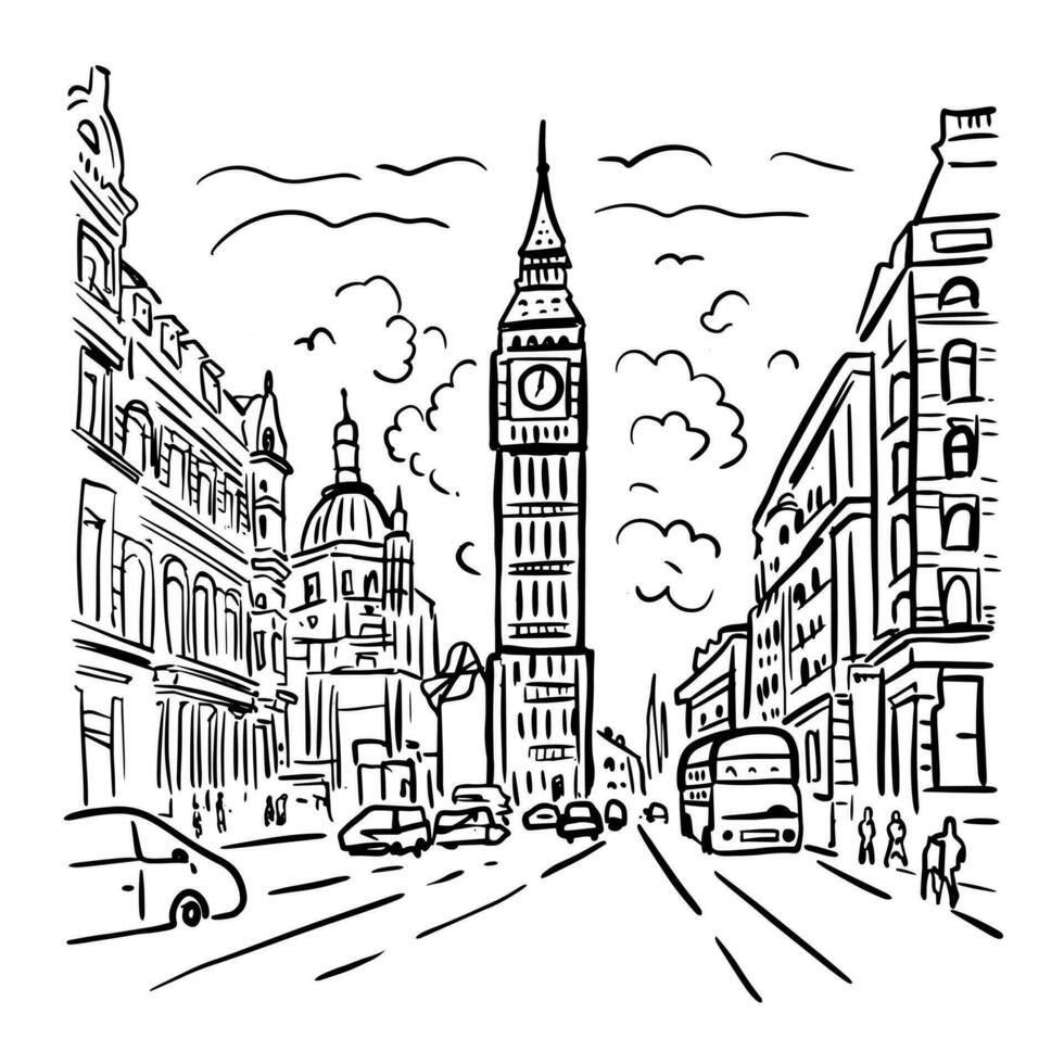 Londen straat en groot ben. hand- getrokken vector illustratie in tekening stijl