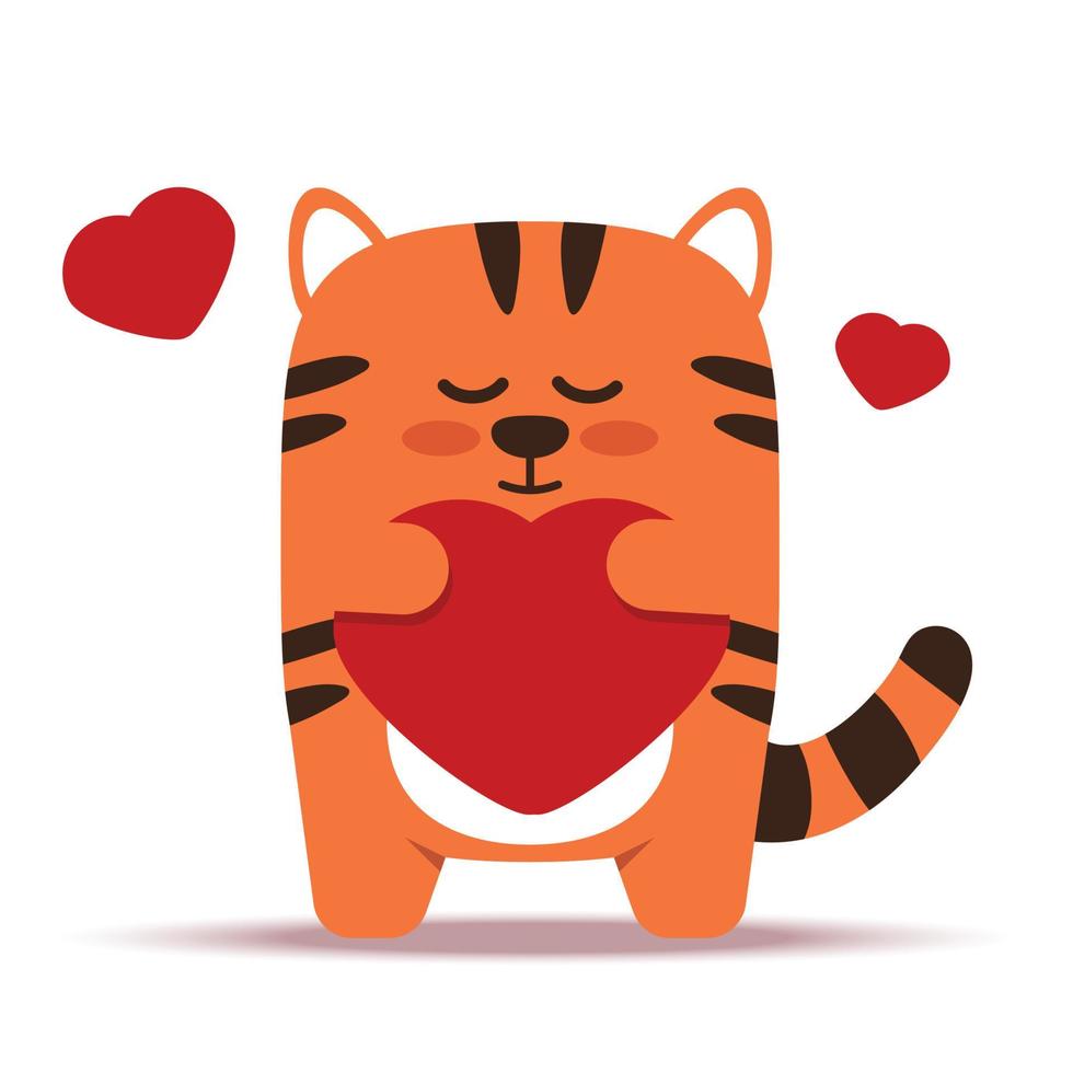 schattige kleine oranje tijgerkat in een vlakke stijl. het dier staat met een hart. het symbool van het Chinese Nieuwjaar 2022. voor banner, kinderkamer, decor. vector hand getekende illustratie.