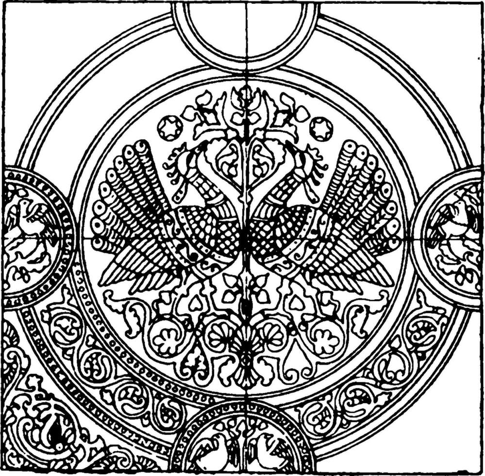 middeleeuws textiel patroon is een rijk geborduurd Frans zijde tapijtwerk, wijnoogst gravure. vector