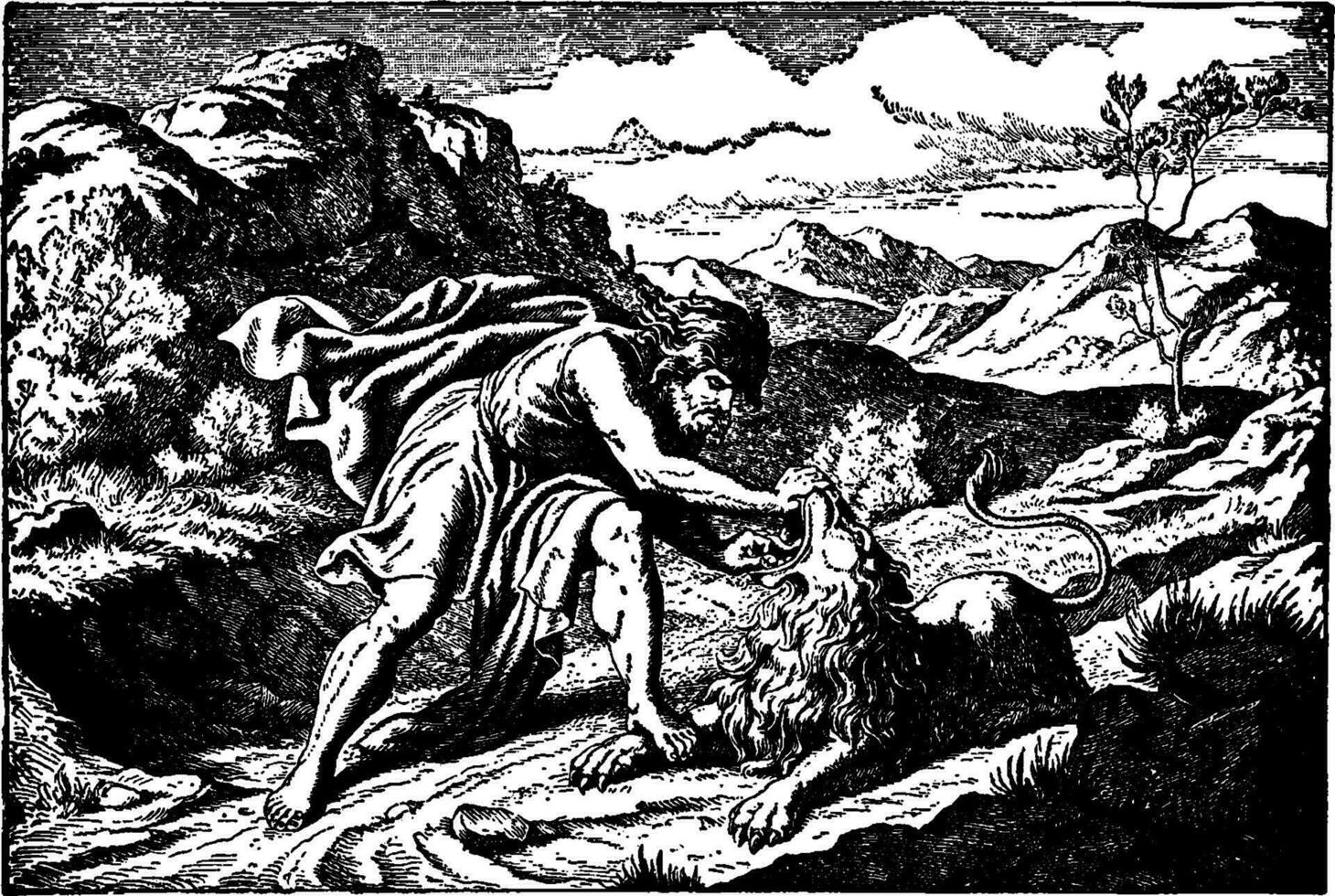 Samson tranen een leeuw deel met zijn kaal handen wijnoogst illustratie. vector