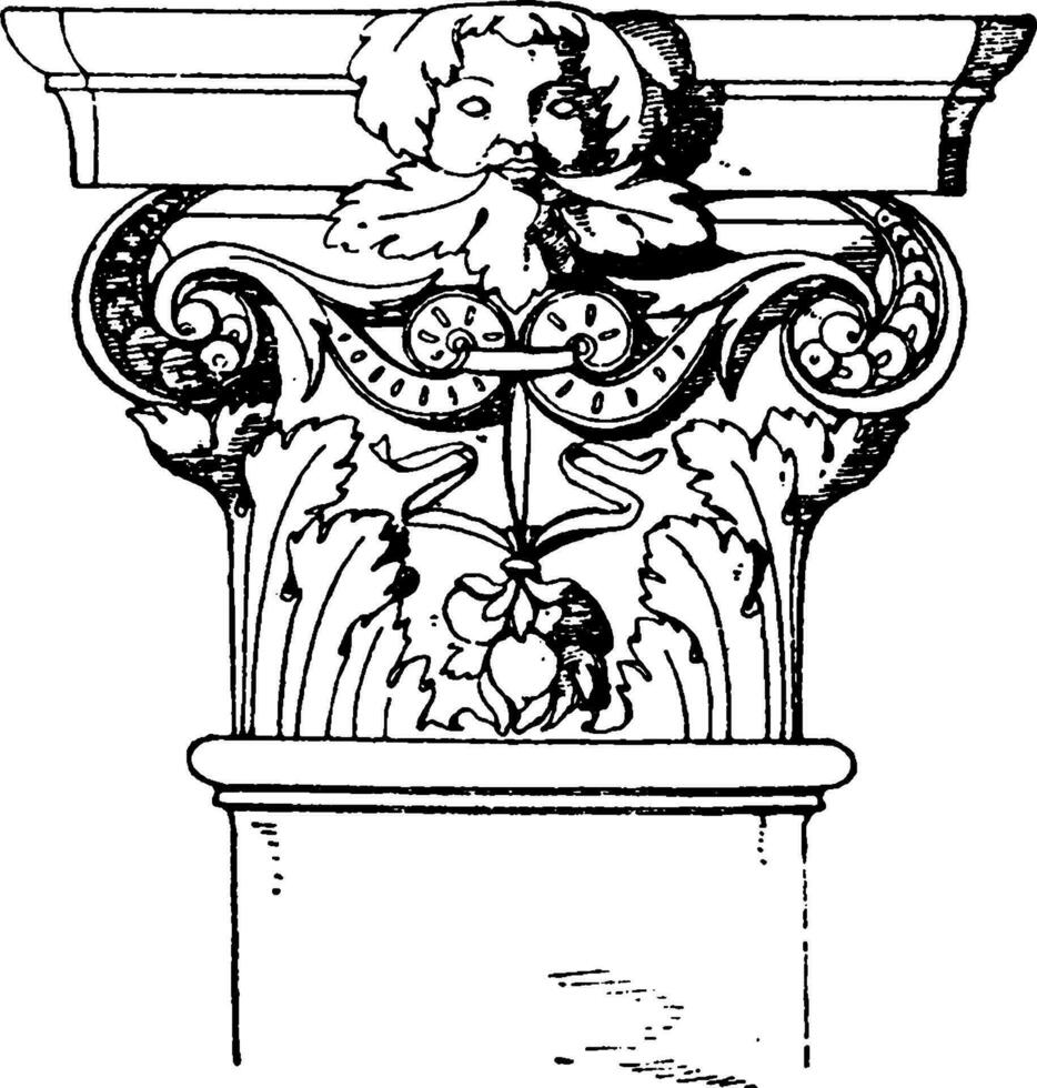 Corinthian pilaster hoofdstad, versierd, wijnoogst gravure. vector