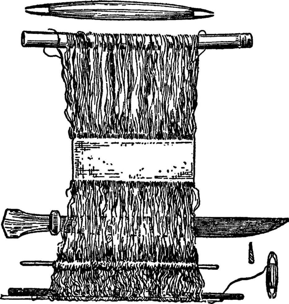 hand- weefgetouw is vroegste weefgetouwen waren verticaal warp-gewogen weefgetouwen, wijnoogst gravure. vector