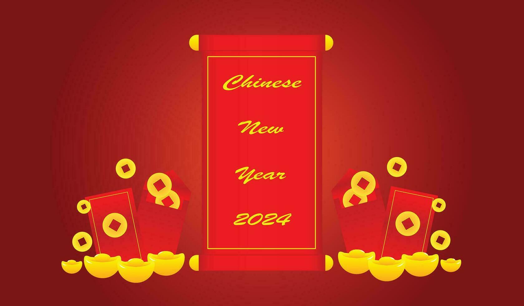 Chinese nieuw jaar gouden munten, rood enveloppen, wensen van mooi zo geluk en rijkdom. vector 3d illustratie