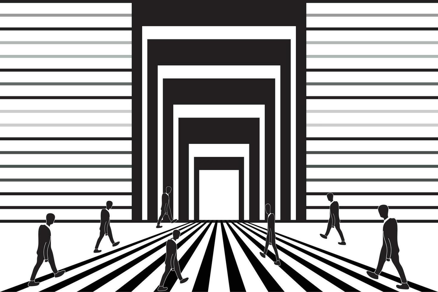 illustratie silhouet mensen wandelen richting de Uitgang manier met lijn Aan wit achtergrond. vector