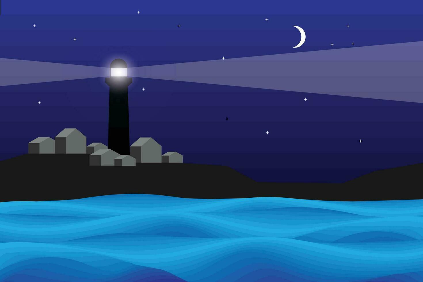 illustratie van vuurtoren Aan de heuvel en blauw Golf in de nacht. vector