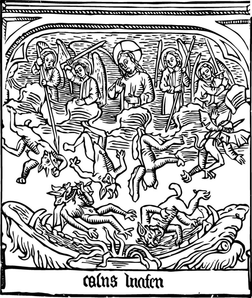 speculum menselijk redding is de gegraveerde illustratie van de vallen van Lucifer, wijnoogst gravure. vector