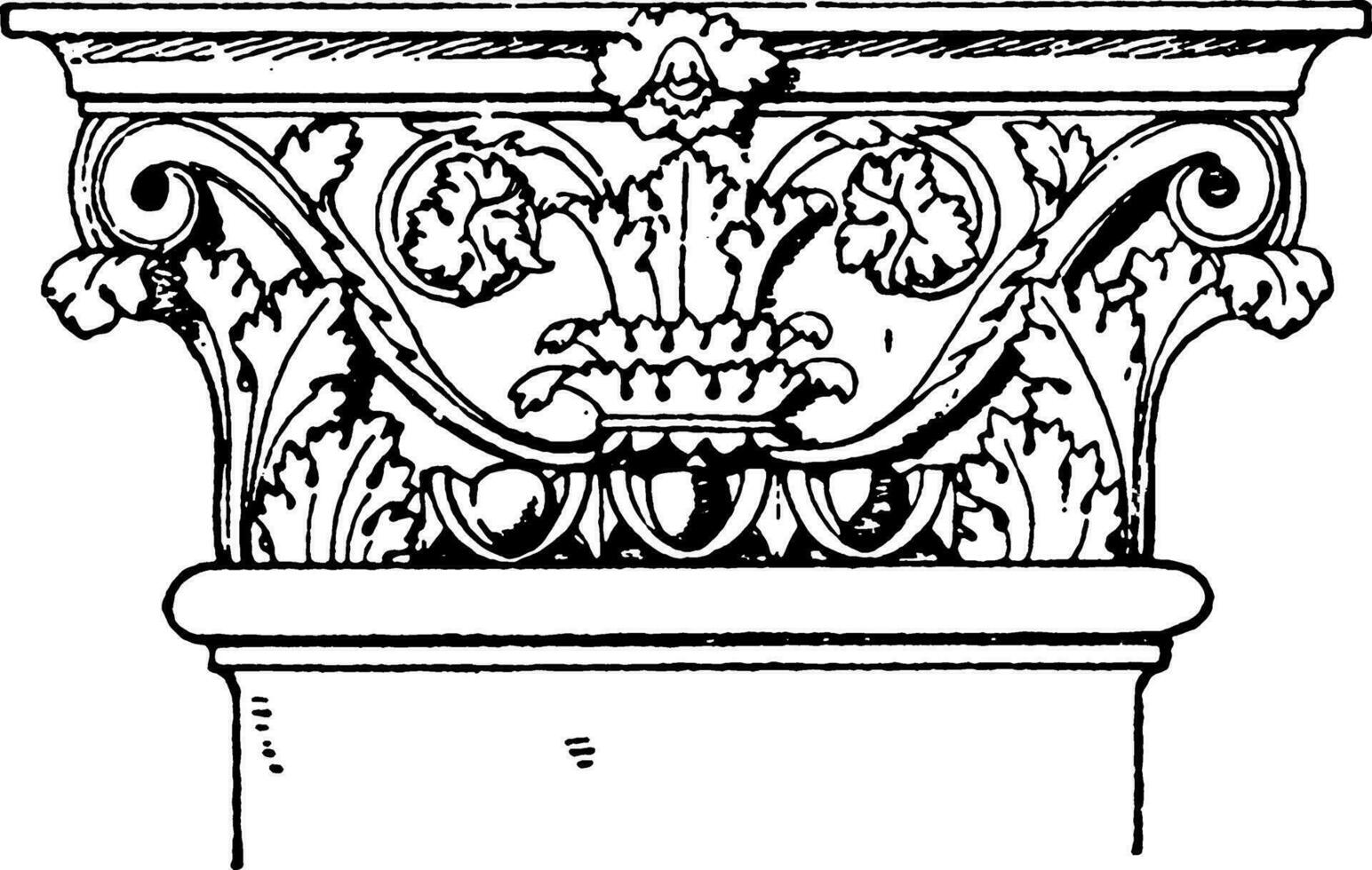 Romeins-Corinthisch pilaster hoofdstad, wegen, wijnoogst gravure. vector