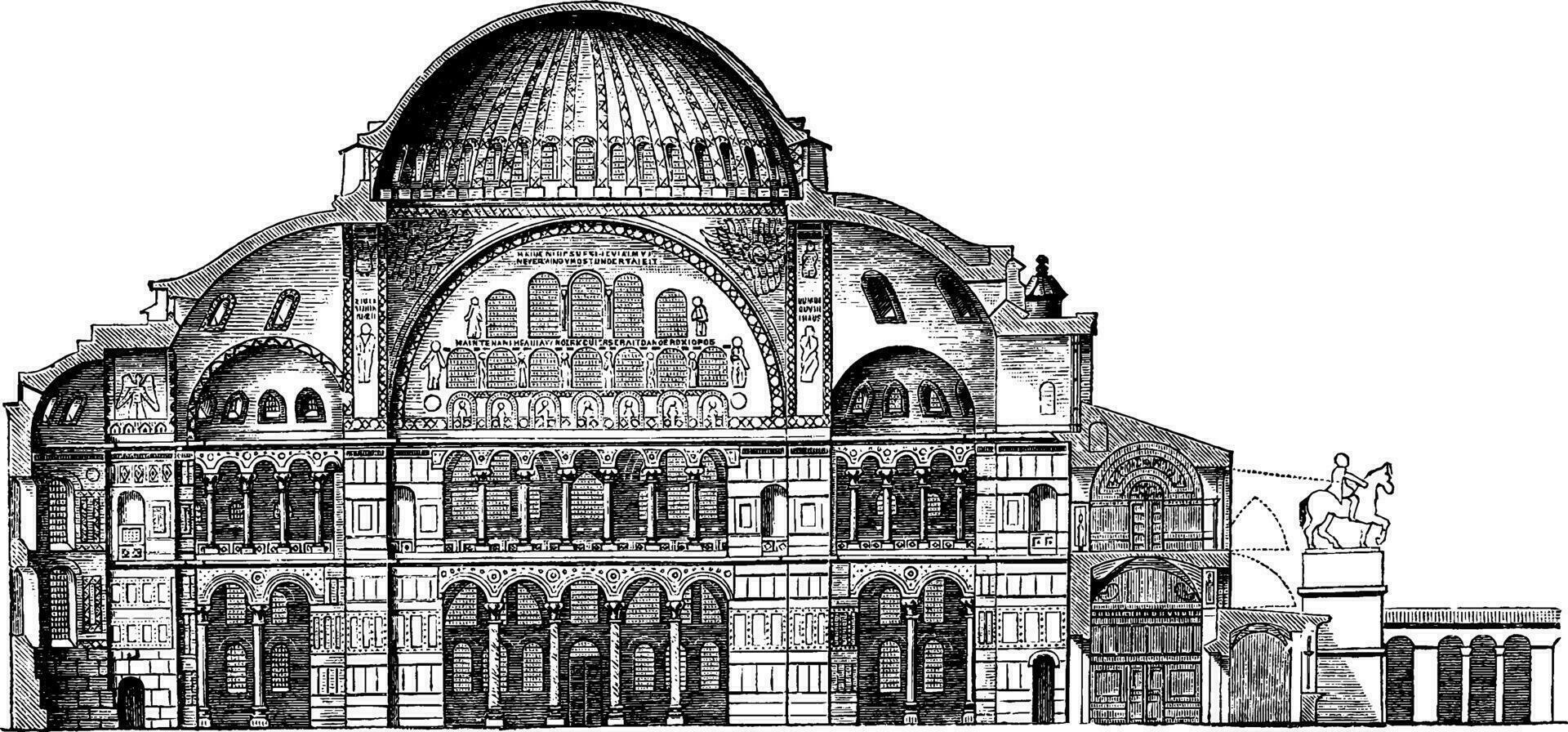 sectie van hagia sophia, halve cirkel, wijnoogst gravure. vector