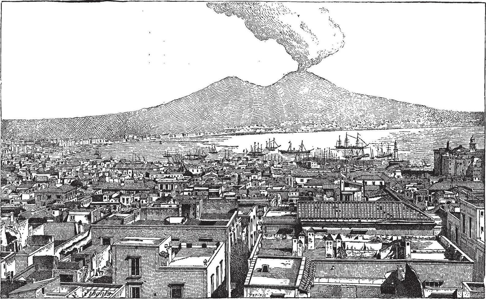 stad van Napels, in Campanië, Italië, wijnoogst gravure vector