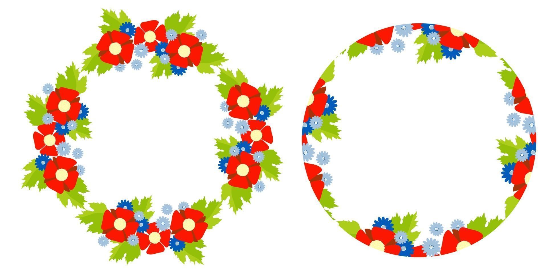 set ronde frames met een bloemmotief. decoratieve rode papavers en mallows en blauwe korenbloemen met plaats voor tekst in het midden. vector illustratie