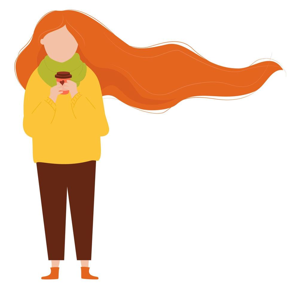roodharig meisje met lang haar dat zich met koffie in haar handen bevindt. vector illustratie