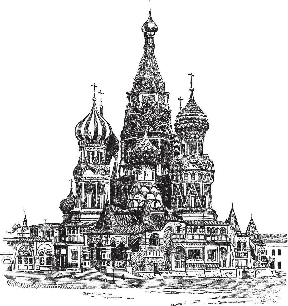 heilige basilicum kathedraal, in Moskou, Rusland, wijnoogst gravure vector