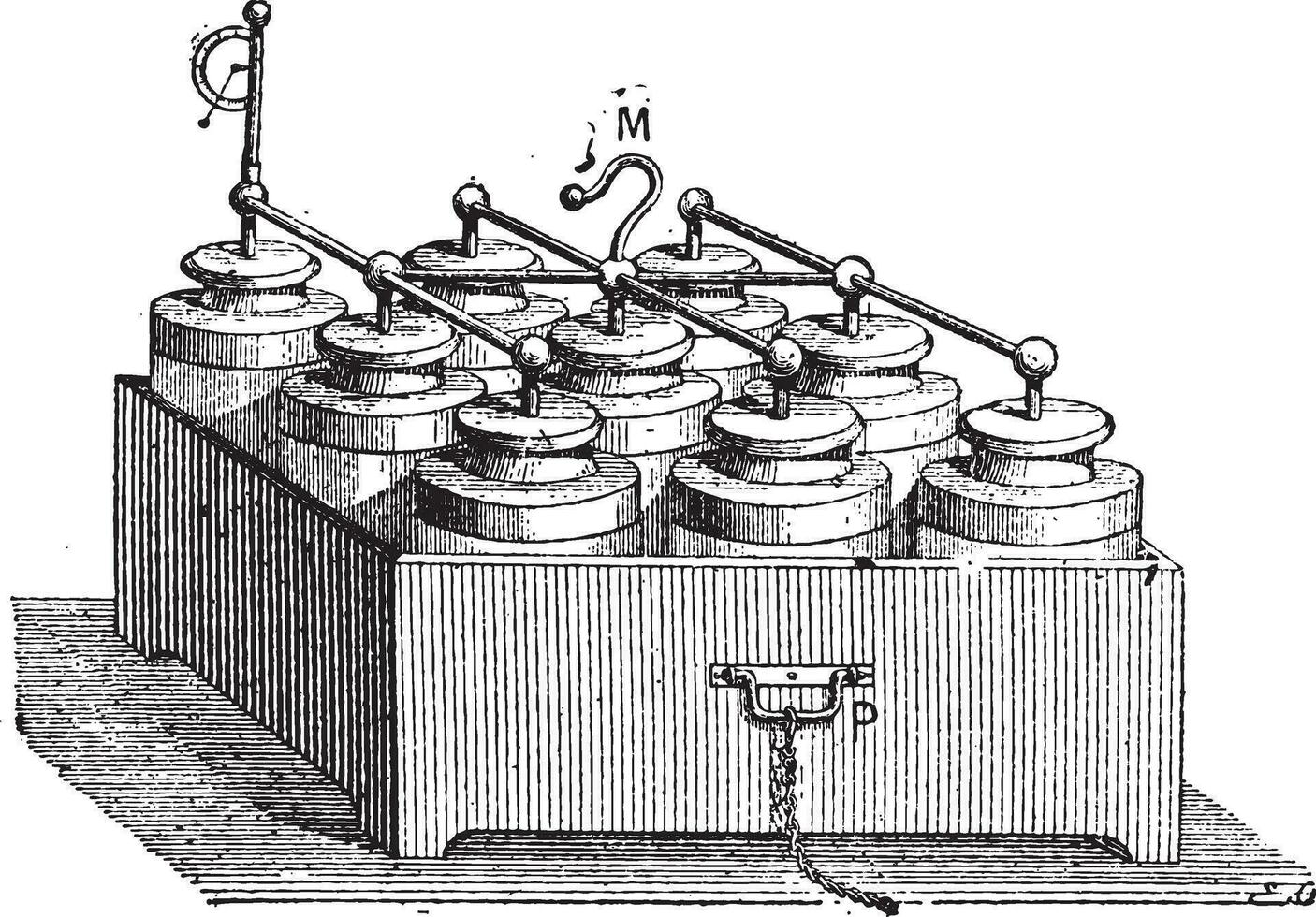 elektrisch accu gemaakt omhoog van Leiden potten, wijnoogst gravure vector