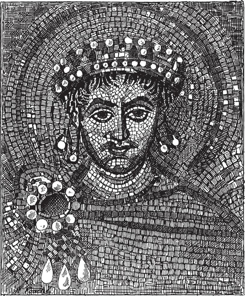 Justinianus mozaïek, wijnoogst gravure. vector