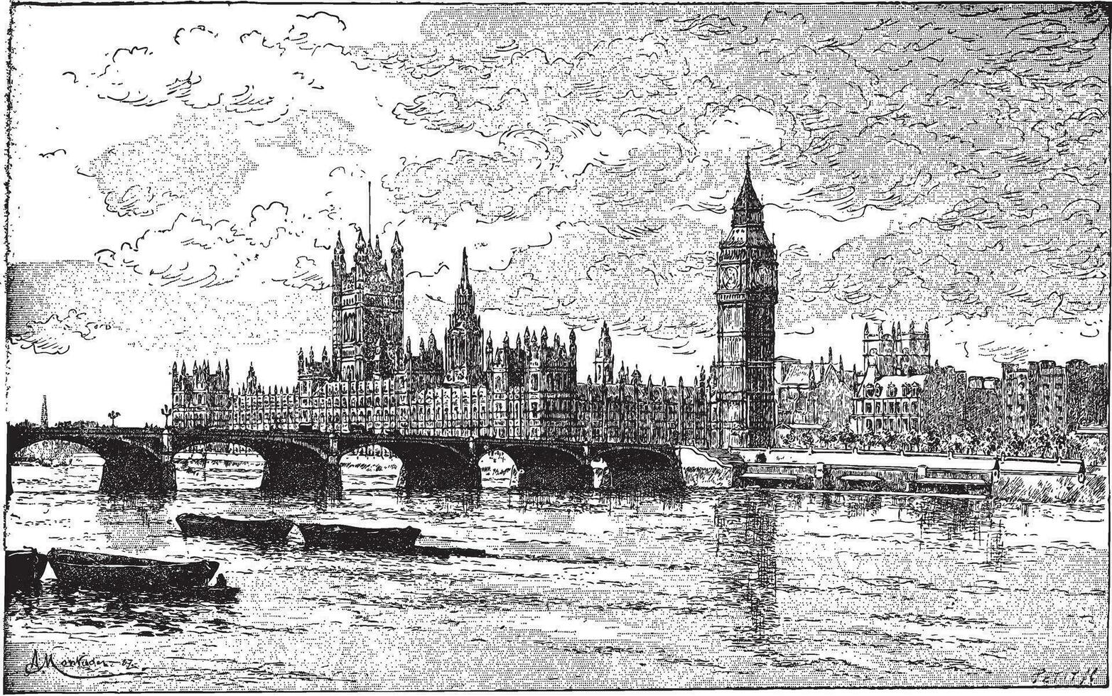 Westminster brug en de huizen van parlement, Londen, Engeland, wijnoogst gravure. vector