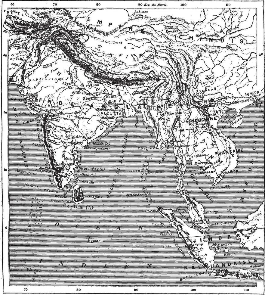 kaart van Indië en Indo-China wijnoogst gravure vector